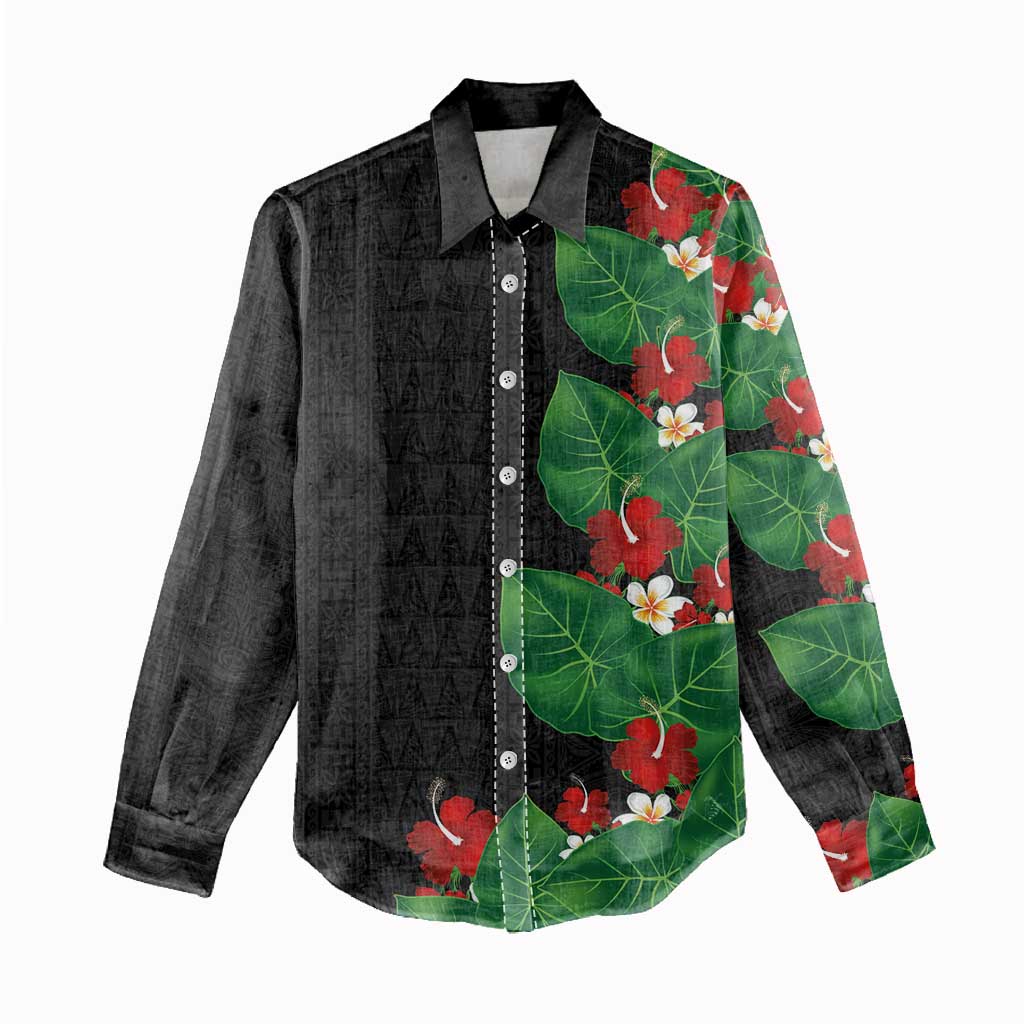 Hawaiian Taro Leaves-Hibiscus and Plumeria Women Casual Shirt Polynesian Art-Kakau Tattoo Black