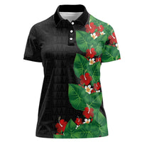 Hawaiian Taro Leaves-Hibiscus and Plumeria Women Polo Shirt Polynesian Art-Kakau Tattoo Black