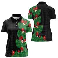 Hawaiian Taro Leaves-Hibiscus and Plumeria Women Polo Shirt Polynesian Art-Kakau Tattoo Black