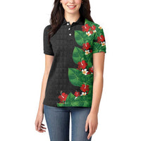 Hawaiian Taro Leaves-Hibiscus and Plumeria Women Polo Shirt Polynesian Art-Kakau Tattoo Black