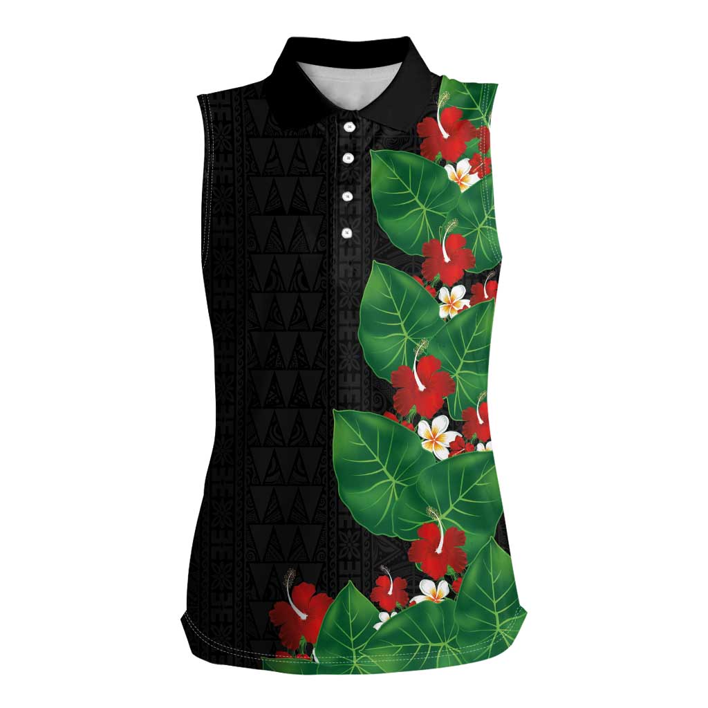 Hawaiian Taro Leaves-Hibiscus and Plumeria Women Sleeveless Polo Shirt Polynesian Art-Kakau Tattoo Black LT03 Female Black - Polynesian Pride
