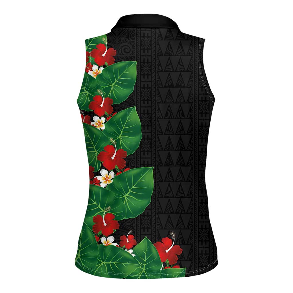 Hawaiian Taro Leaves-Hibiscus and Plumeria Women Sleeveless Polo Shirt Polynesian Art-Kakau Tattoo Black LT03 - Polynesian Pride