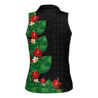 Hawaiian Taro Leaves-Hibiscus and Plumeria Women Sleeveless Polo Shirt Polynesian Art-Kakau Tattoo Black LT03 - Polynesian Pride