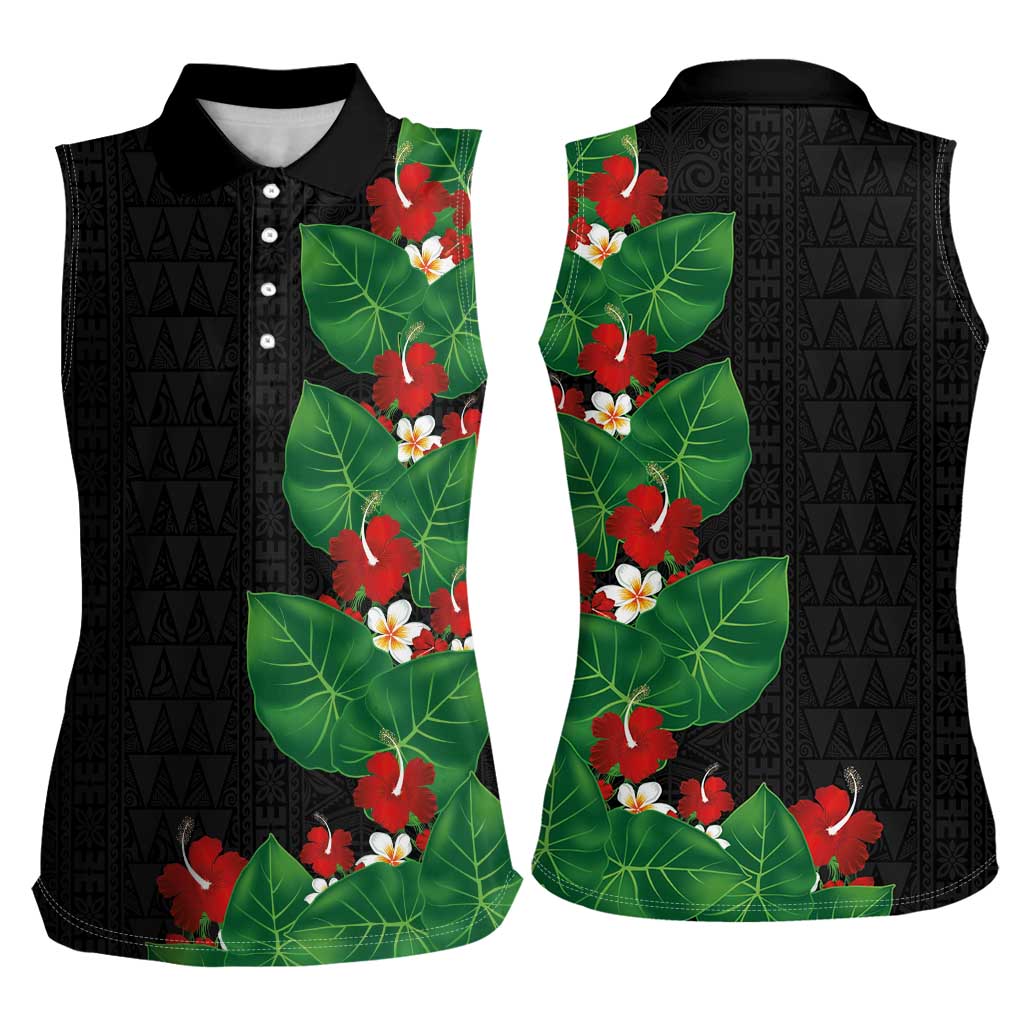 Hawaiian Taro Leaves-Hibiscus and Plumeria Women Sleeveless Polo Shirt Polynesian Art-Kakau Tattoo Black LT03 - Polynesian Pride