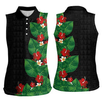 Hawaiian Taro Leaves-Hibiscus and Plumeria Women Sleeveless Polo Shirt Polynesian Art-Kakau Tattoo Black LT03 - Polynesian Pride