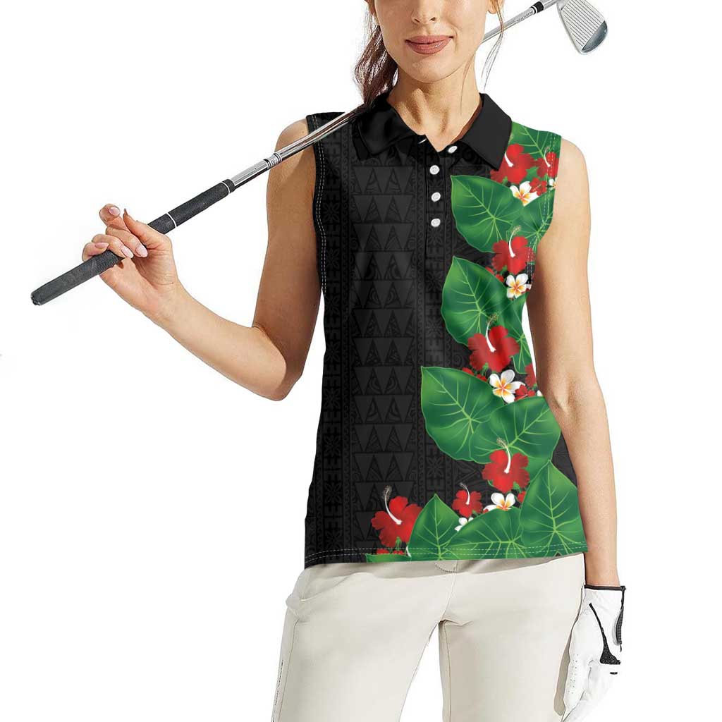 Hawaiian Taro Leaves-Hibiscus and Plumeria Women Sleeveless Polo Shirt Polynesian Art-Kakau Tattoo Black LT03 - Polynesian Pride