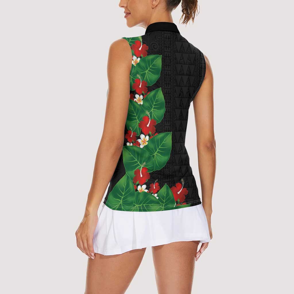 Hawaiian Taro Leaves-Hibiscus and Plumeria Women Sleeveless Polo Shirt Polynesian Art-Kakau Tattoo Black LT03 - Polynesian Pride