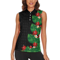 Hawaiian Taro Leaves-Hibiscus and Plumeria Women Sleeveless Polo Shirt Polynesian Art-Kakau Tattoo Black LT03 - Polynesian Pride