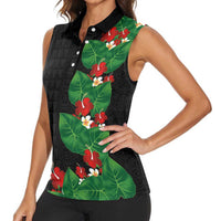 Hawaiian Taro Leaves-Hibiscus and Plumeria Women Sleeveless Polo Shirt Polynesian Art-Kakau Tattoo Black LT03 - Polynesian Pride