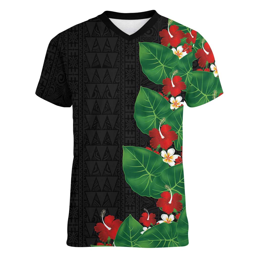 Hawaiian Taro Leaves-Hibiscus and Plumeria Women V-Neck T-Shirt Polynesian Art-Kakau Tattoo Black