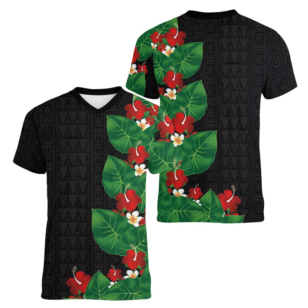 Hawaiian Taro Leaves-Hibiscus and Plumeria Women V-Neck T-Shirt Polynesian Art-Kakau Tattoo Black