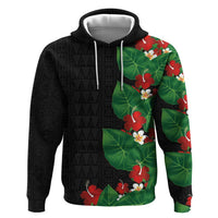 Hawaiian Taro Leaves-Hibiscus and Plumeria Zip Hoodie Polynesian Art-Kakau Tattoo Black