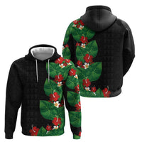 Hawaiian Taro Leaves-Hibiscus and Plumeria Zip Hoodie Polynesian Art-Kakau Tattoo Black