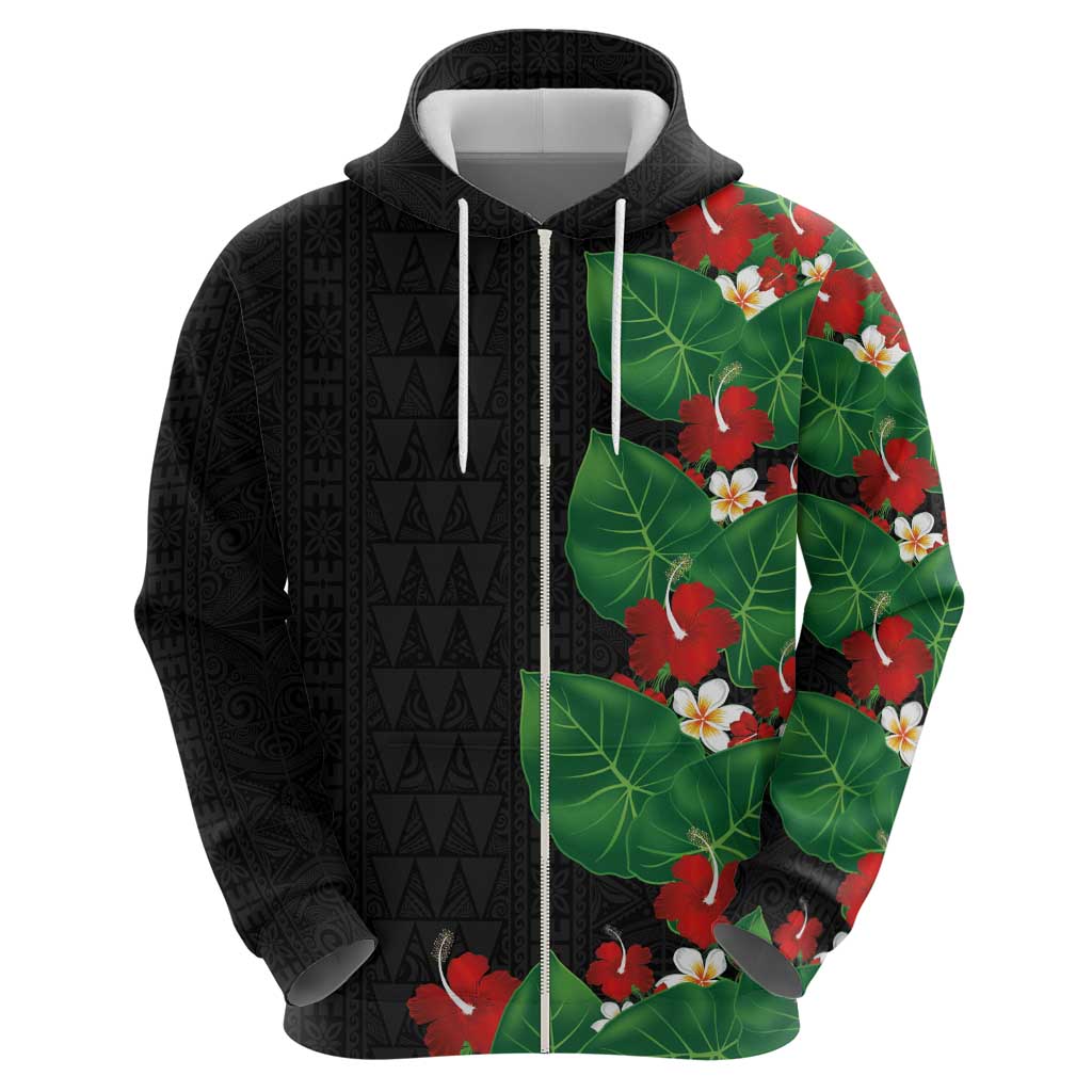 Hawaiian Taro Leaves-Hibiscus and Plumeria Zip Hoodie Polynesian Art-Kakau Tattoo Black