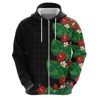 Hawaiian Taro Leaves-Hibiscus and Plumeria Zip Hoodie Polynesian Art-Kakau Tattoo Black