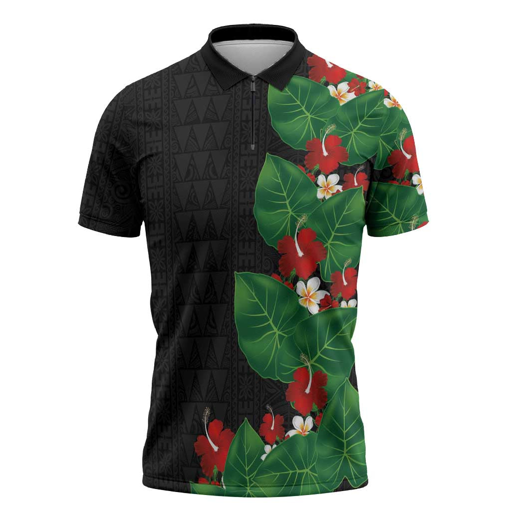 Hawaiian Taro Leaves-Hibiscus and Plumeria Zipper Polo Shirt Polynesian Art-Kakau Tattoo Black LT03 Black - Polynesian Pride