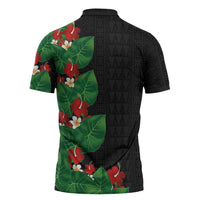 Hawaiian Taro Leaves-Hibiscus and Plumeria Zipper Polo Shirt Polynesian Art-Kakau Tattoo Black LT03 - Polynesian Pride