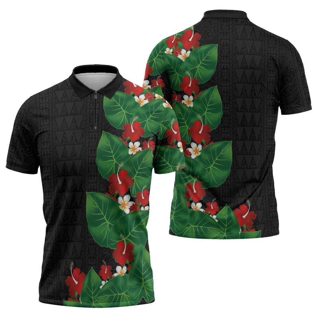 Hawaiian Taro Leaves-Hibiscus and Plumeria Zipper Polo Shirt Polynesian Art-Kakau Tattoo Black LT03 - Polynesian Pride
