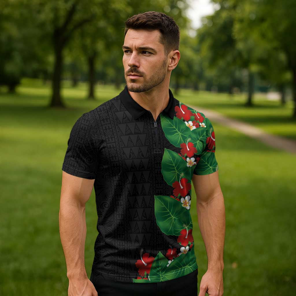 Hawaiian Taro Leaves-Hibiscus and Plumeria Zipper Polo Shirt Polynesian Art-Kakau Tattoo Black LT03 - Polynesian Pride
