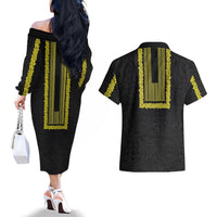 Philippines Polynesian Jasmine Pattern Couples Matching Off The Shoulder Long Sleeve Dress and Hawaiian Shirt With Barong Tagalog Black Style