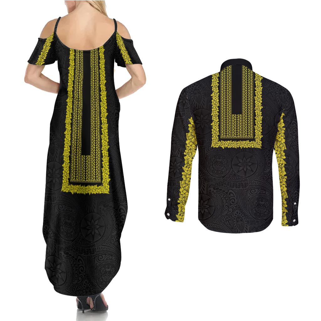 Philippines Polynesian Jasmine Pattern Couples Matching Summer Maxi Dress and Long Sleeve Button Shirt With Barong Tagalog Black Style