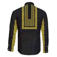 Philippines Polynesian Jasmine Pattern Family Matching Off The Shoulder Long Sleeve Dress and Hawaiian Shirt With Barong Tagalog Black Style