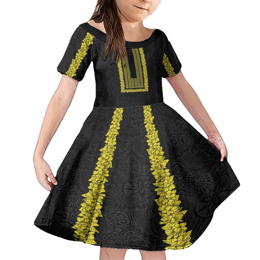 Philippines Polynesian Jasmine Pattern Family Matching Tank Maxi Dress and Hawaiian Shirt With Barong Tagalog Black Style LT03 Daughter's Dress Black - Polynesian Pride