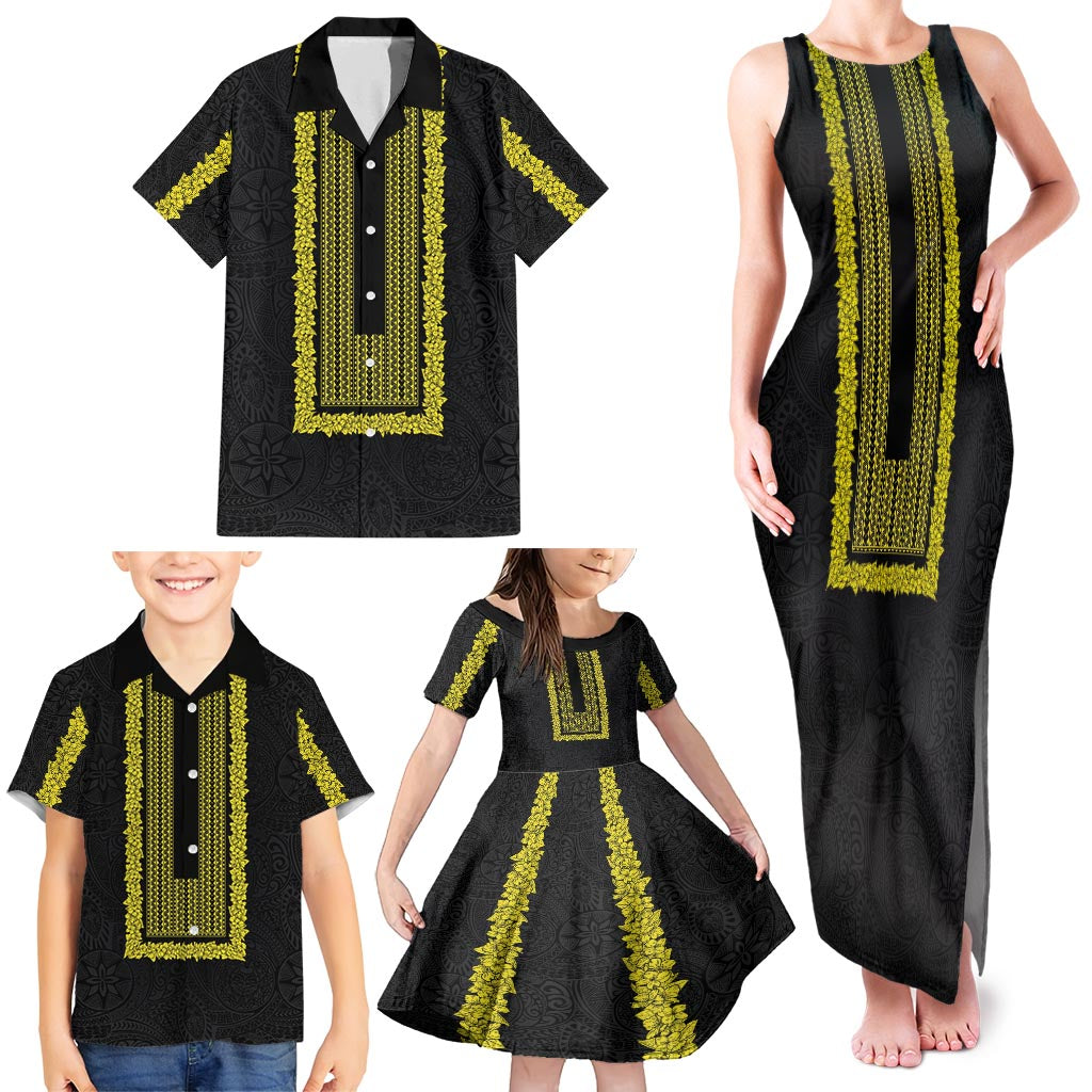 Philippines Polynesian Jasmine Pattern Family Matching Tank Maxi Dress and Hawaiian Shirt With Barong Tagalog Black Style LT03 - Polynesian Pride