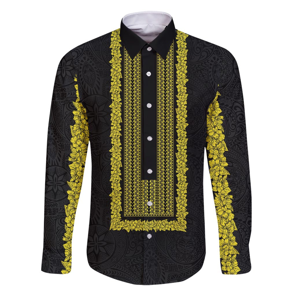 Philippines Polynesian Jasmine Pattern Family Matching Tank Maxi Dress and Hawaiian Shirt With Barong Tagalog Black Style LT03 Dad's Shirt - Long Sleeve Black - Polynesian Pride
