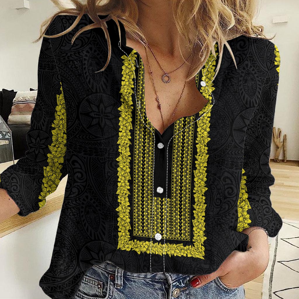 Philippines Polynesian Jasmine Pattern Women Casual Shirt With Barong Tagalog Black Style