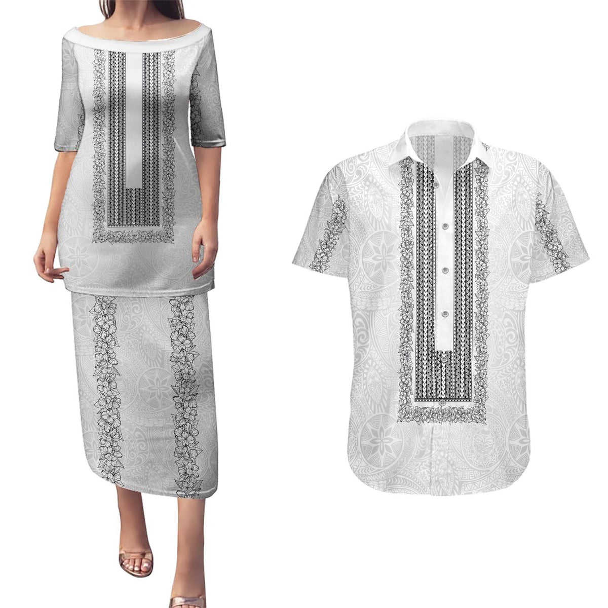 Philippines Polynesian Jasmine Pattern Couples Matching Puletasi and Hawaiian Shirt With Barong Tagalog White Style LT03 White - Polynesian Pride