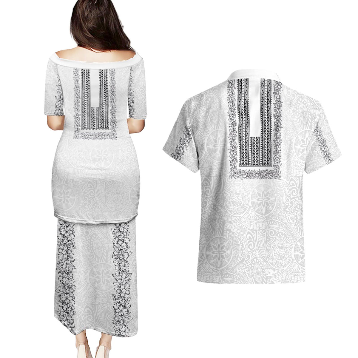 Philippines Polynesian Jasmine Pattern Couples Matching Puletasi and Hawaiian Shirt With Barong Tagalog White Style LT03 - Polynesian Pride