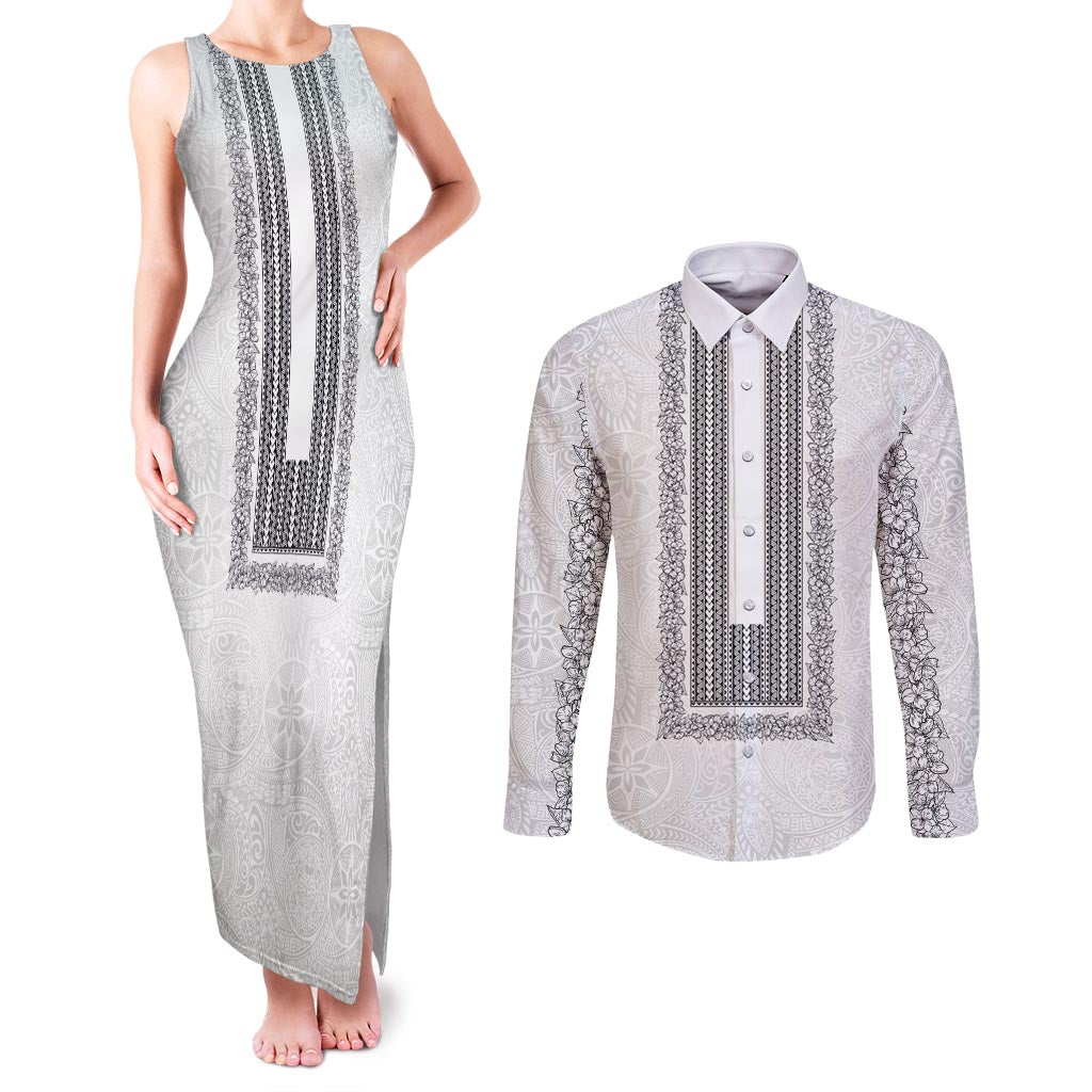 Philippines Polynesian Jasmine Pattern Couples Matching Tank Maxi Dress and Long Sleeve Button Shirt With Barong Tagalog White Style