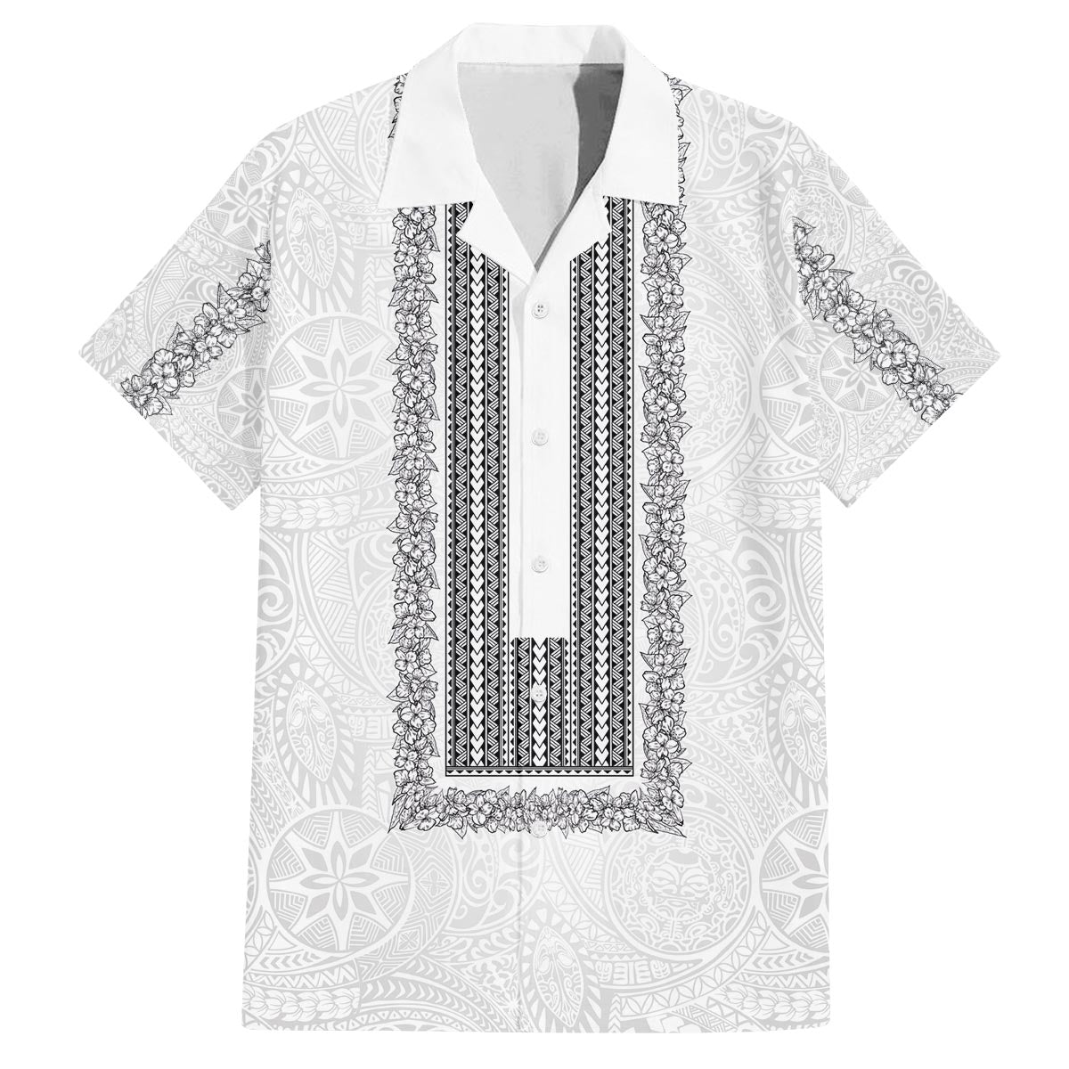 Philippines Polynesian Jasmine Pattern Family Matching Off The Shoulder Long Sleeve Dress and Hawaiian Shirt With Barong Tagalog White Style