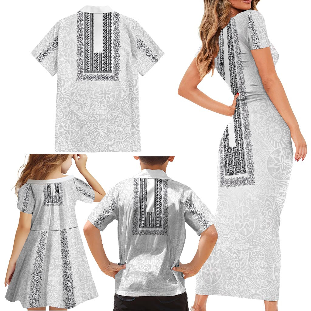 Philippines Polynesian Jasmine Pattern Family Matching Short Sleeve Bodycon Dress and Hawaiian Shirt With Barong Tagalog White Style