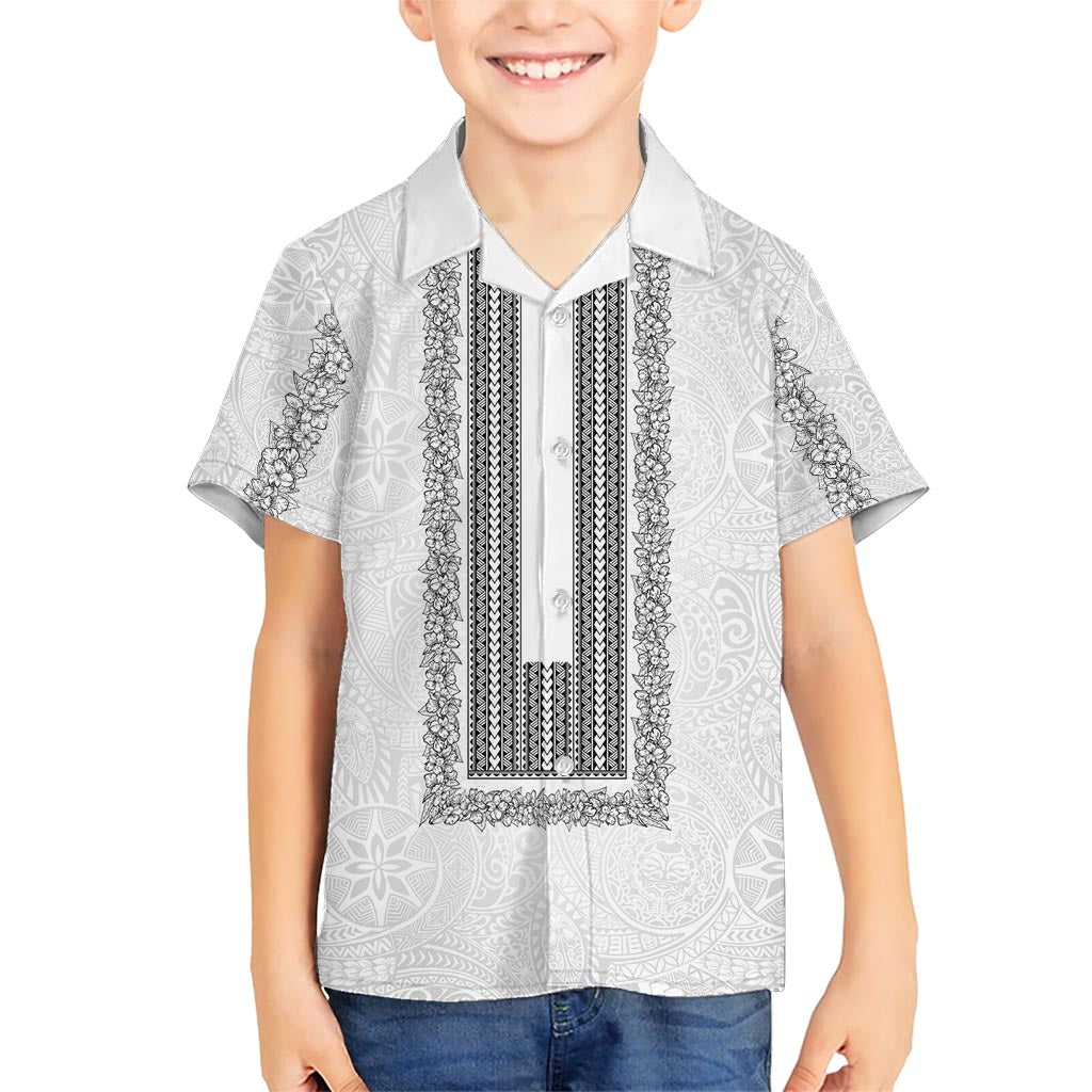 Philippines Polynesian Jasmine Pattern Family Matching Short Sleeve Bodycon Dress and Hawaiian Shirt With Barong Tagalog White Style