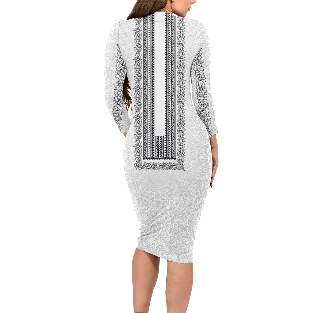 Philippines Polynesian Jasmine Pattern Long Sleeve Bodycon Dress With Barong Tagalog White Style