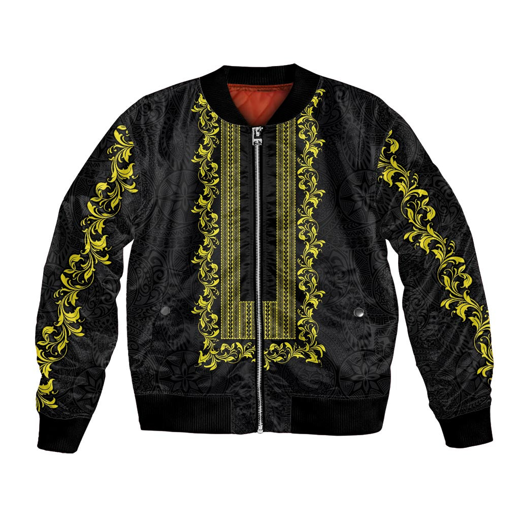 Philippines Polynesian Floral Pattern Bomber Jacket With Barong Tagalog Black Style