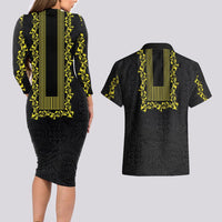 Philippines Polynesian Floral Pattern Couples Matching Long Sleeve Bodycon Dress and Hawaiian Shirt With Barong Tagalog Black Style