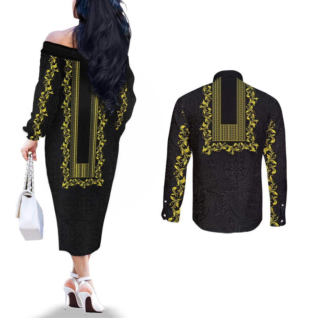 Philippines Polynesian Floral Pattern Couples Matching Off The Shoulder Long Sleeve Dress and Long Sleeve Button Shirt With Barong Tagalog Black Style