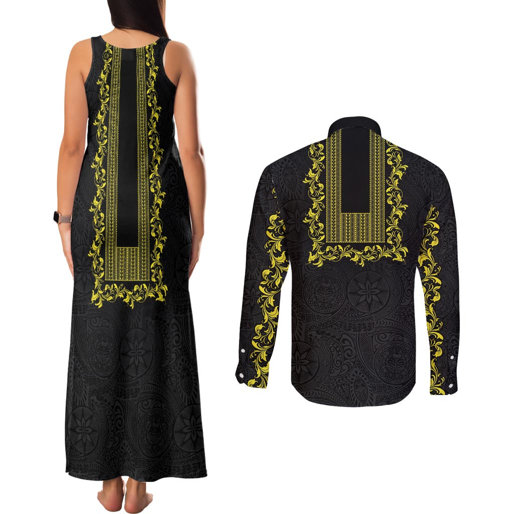 Philippines Polynesian Floral Pattern Couples Matching Tank Maxi Dress and Long Sleeve Button Shirt With Barong Tagalog Black Style