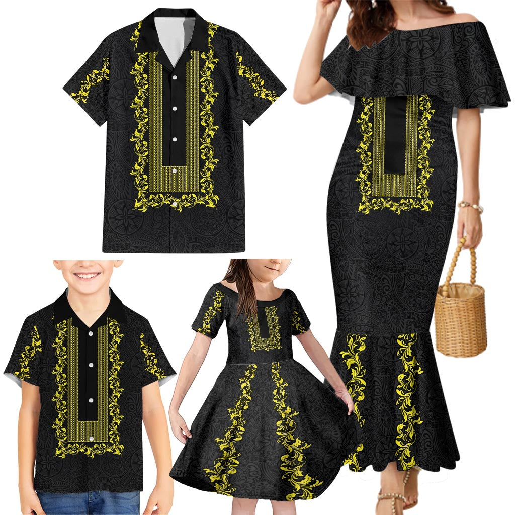 Philippines Polynesian Floral Pattern Family Matching Mermaid Dress and Hawaiian Shirt With Barong Tagalog Black Style