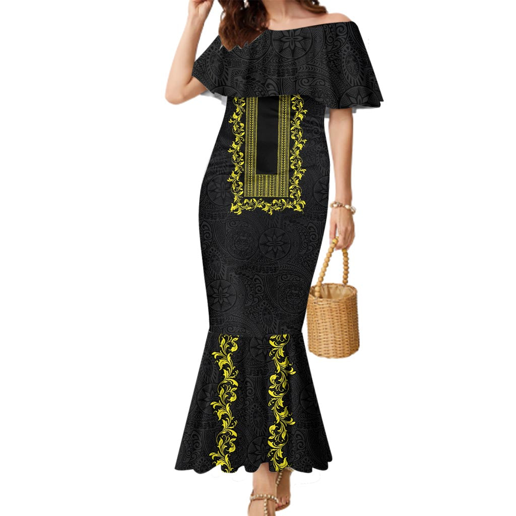 Philippines Polynesian Floral Pattern Family Matching Mermaid Dress and Hawaiian Shirt With Barong Tagalog Black Style