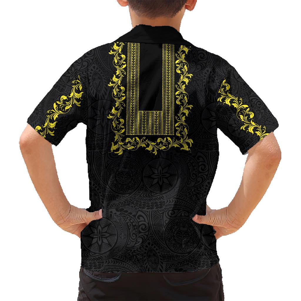 Philippines Polynesian Floral Pattern Family Matching Off Shoulder Short Dress and Hawaiian Shirt With Barong Tagalog Black Style