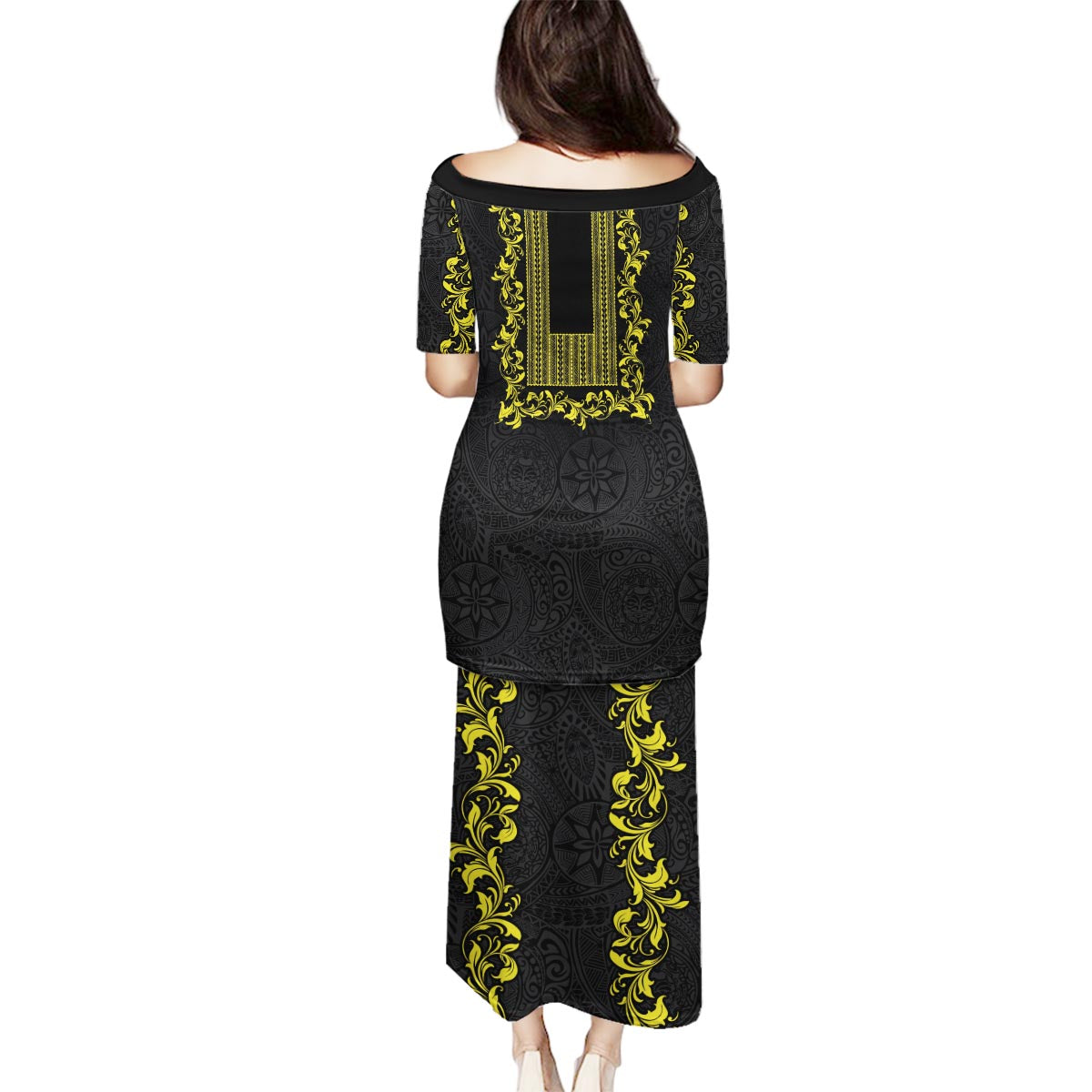 Philippines Polynesian Floral Pattern Family Matching Puletasi and Hawaiian Shirt With Barong Tagalog Black Style