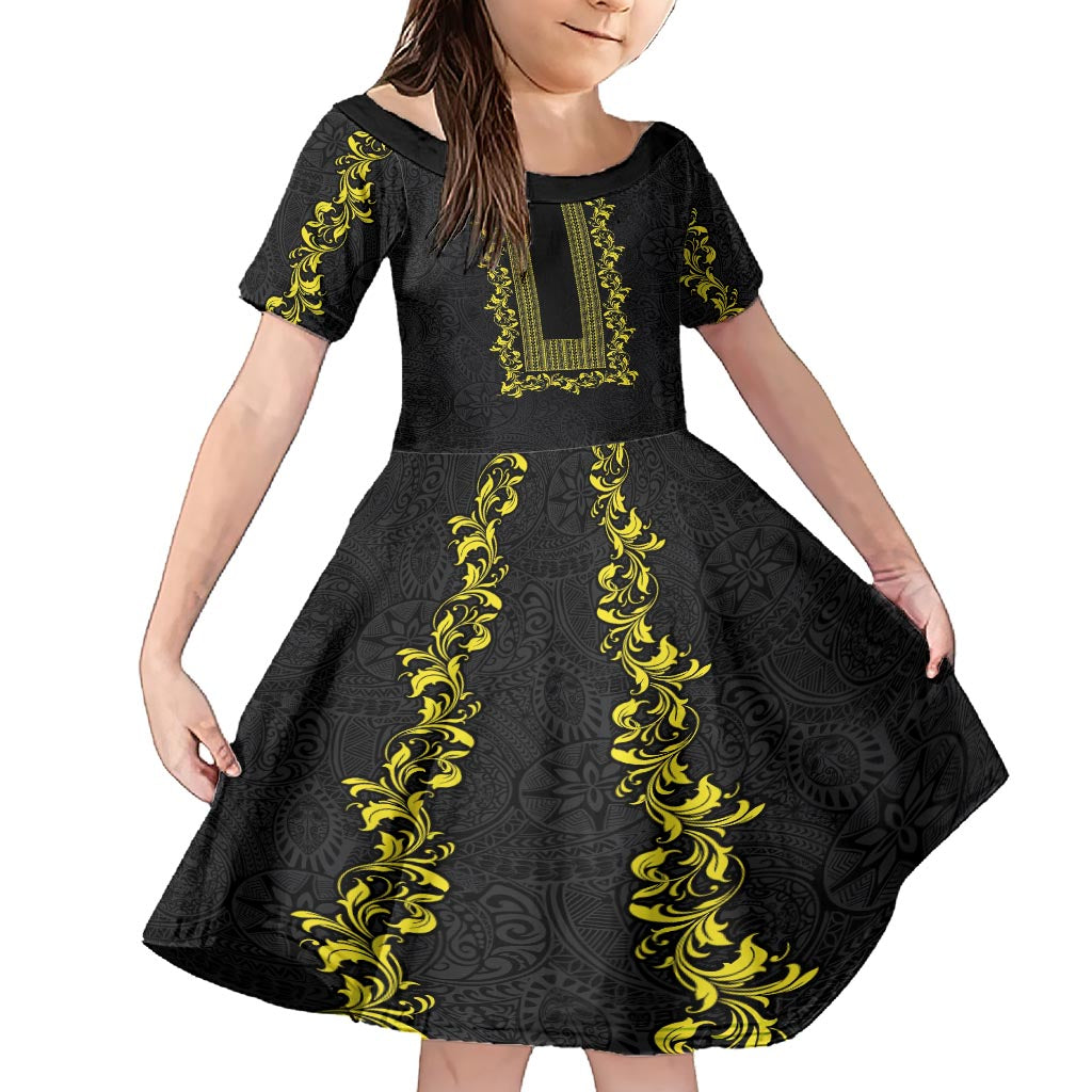 Philippines Polynesian Floral Pattern Family Matching Short Sleeve Bodycon Dress and Hawaiian Shirt With Barong Tagalog Black Style