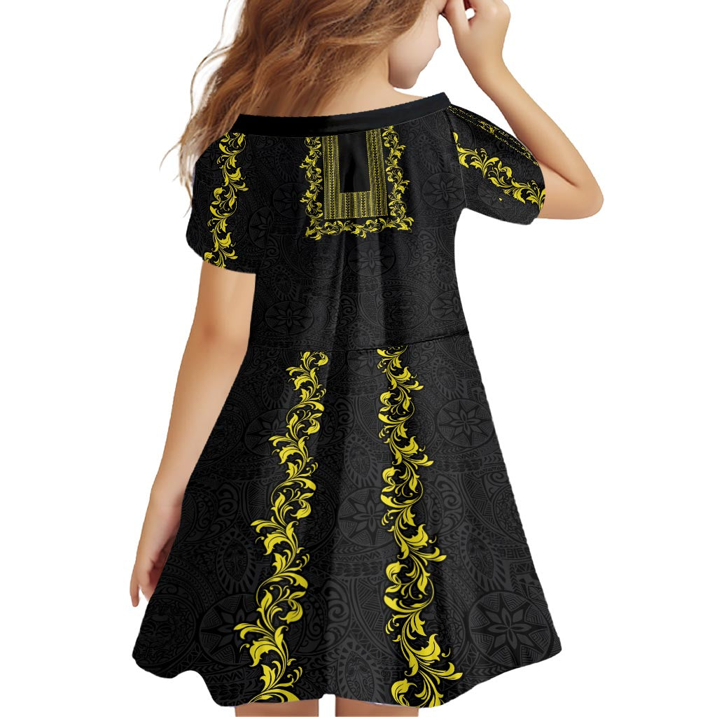 Philippines Polynesian Floral Pattern Family Matching Tank Maxi Dress and Hawaiian Shirt With Barong Tagalog Black Style