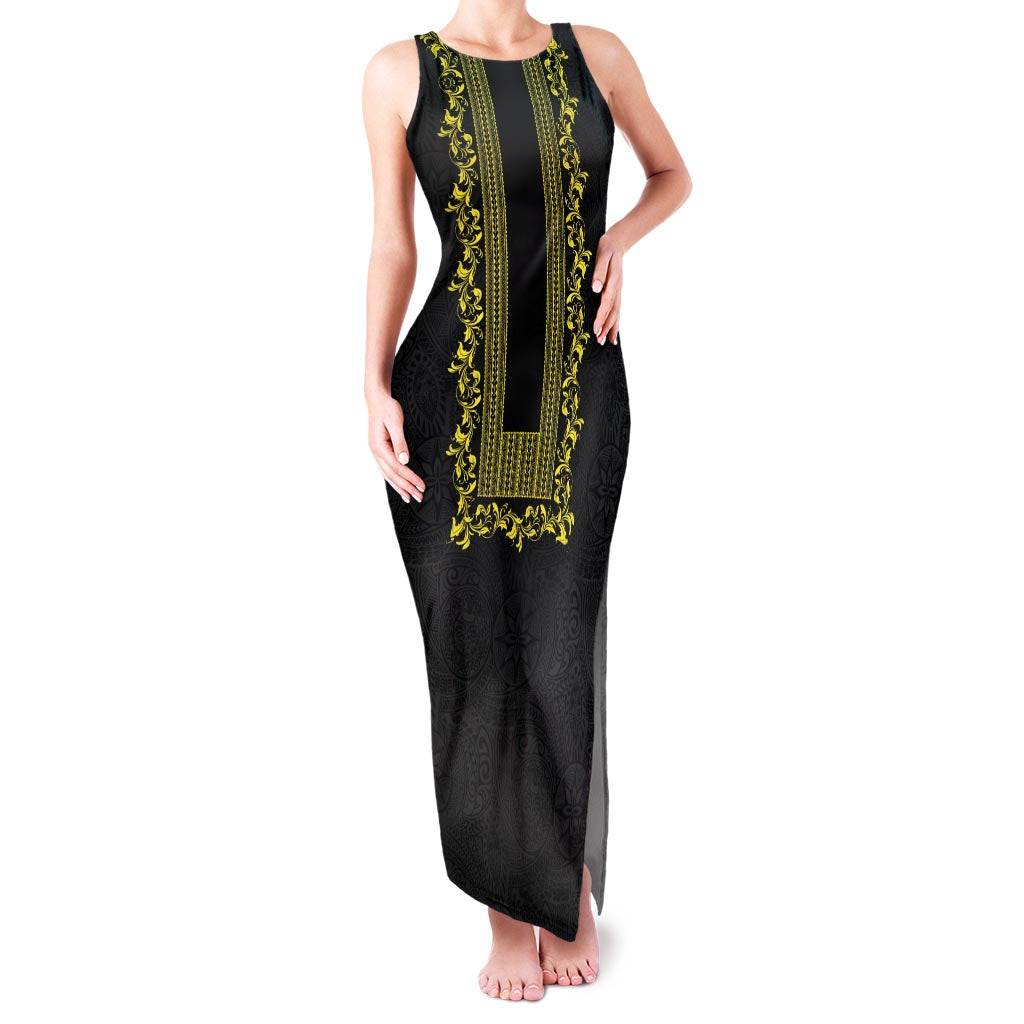 Philippines Polynesian Floral Pattern Family Matching Tank Maxi Dress and Hawaiian Shirt With Barong Tagalog Black Style