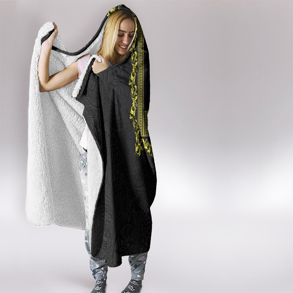 Philippines Polynesian Floral Pattern Hooded Blanket With Barong Tagalog Black Style