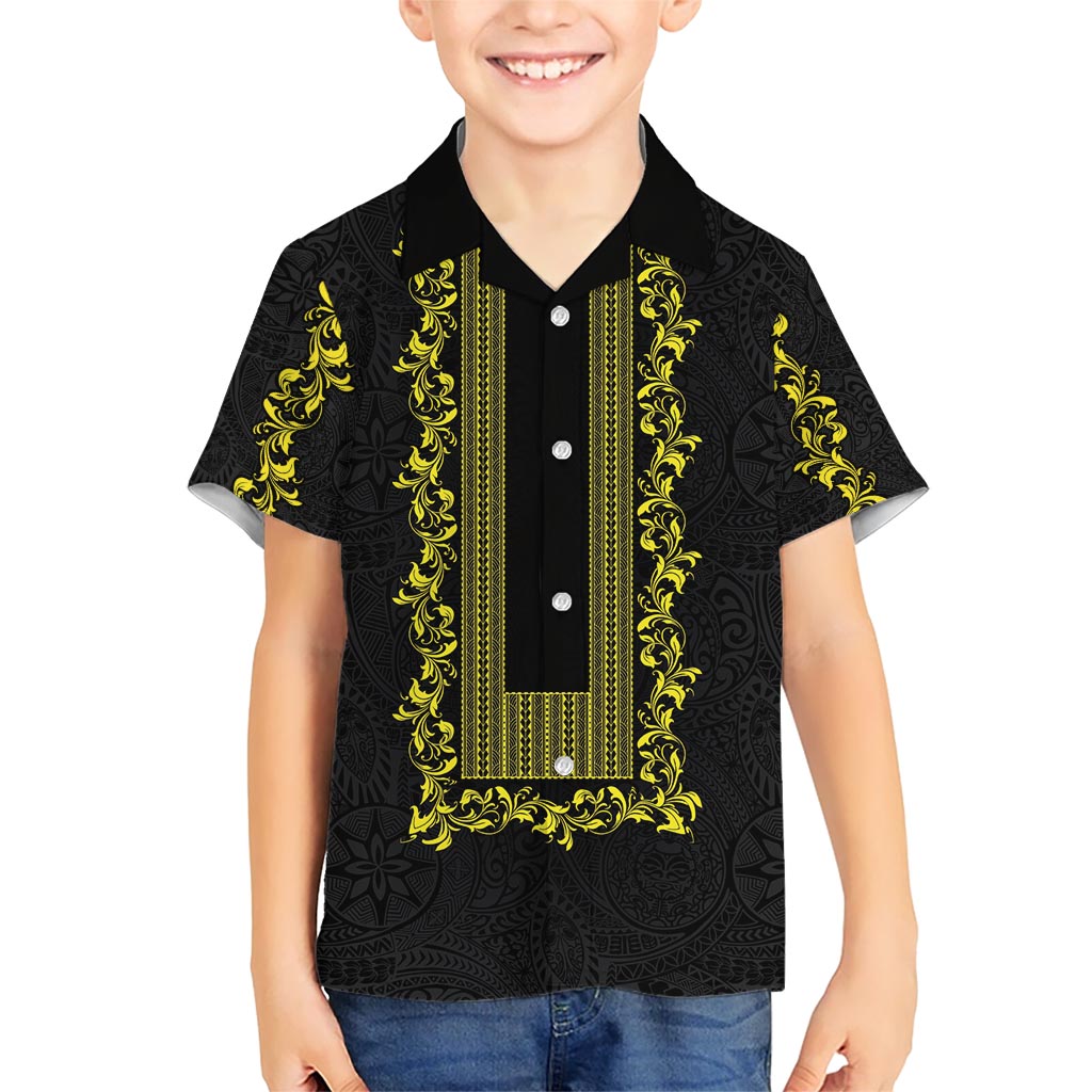 Philippines Polynesian Floral Pattern Kid Hawaiian Shirt With Barong Tagalog Black Style